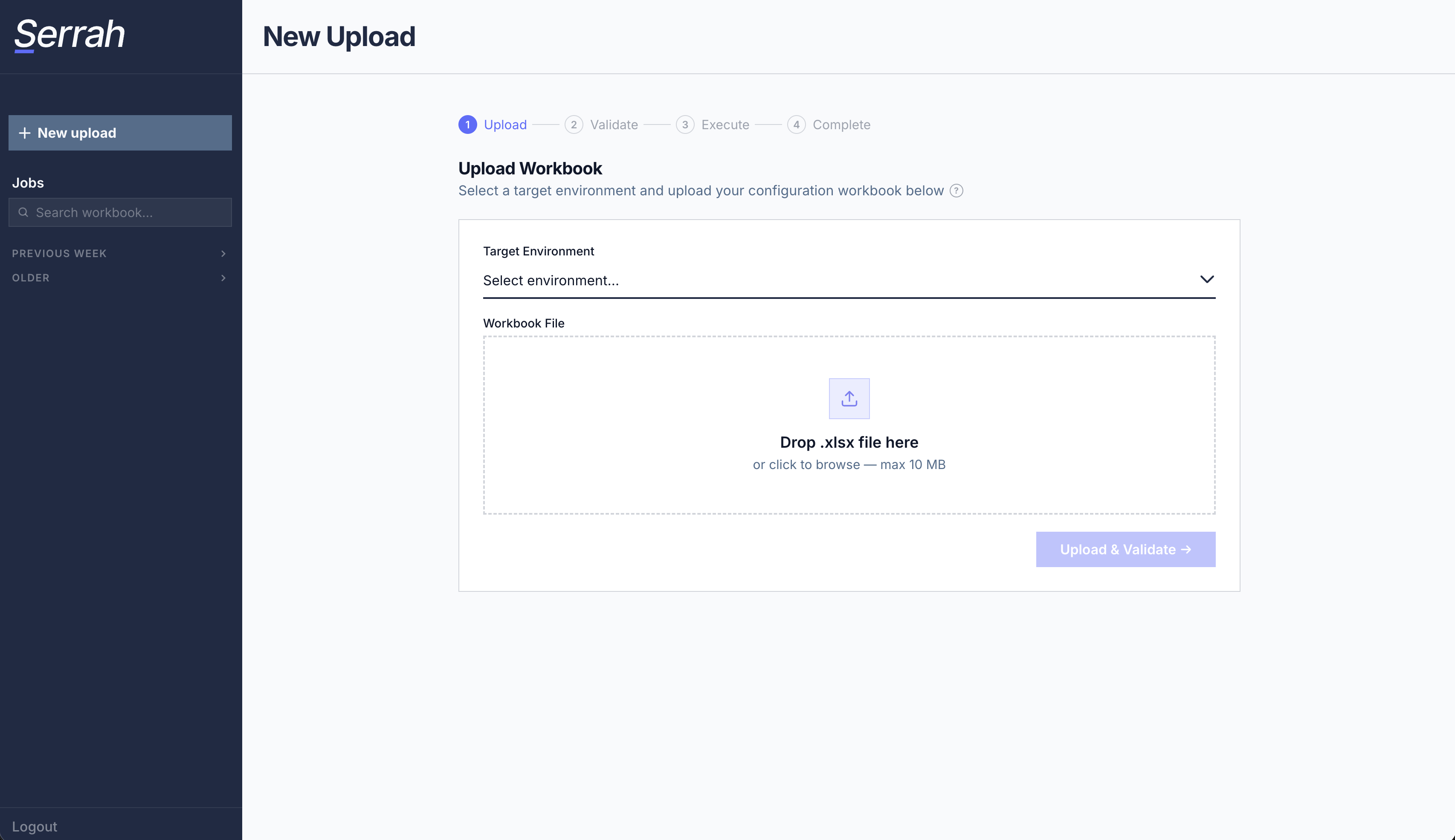 Serrah — New Upload screen showing workbook upload flow